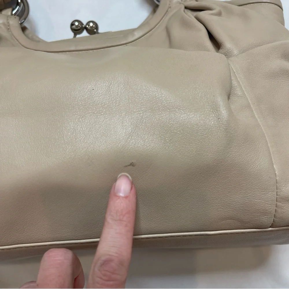 Vintage Coach Parker Cream Tan Beige Leather Kisslock Chunky Straps Hobo Purse - Picture 8 of 13